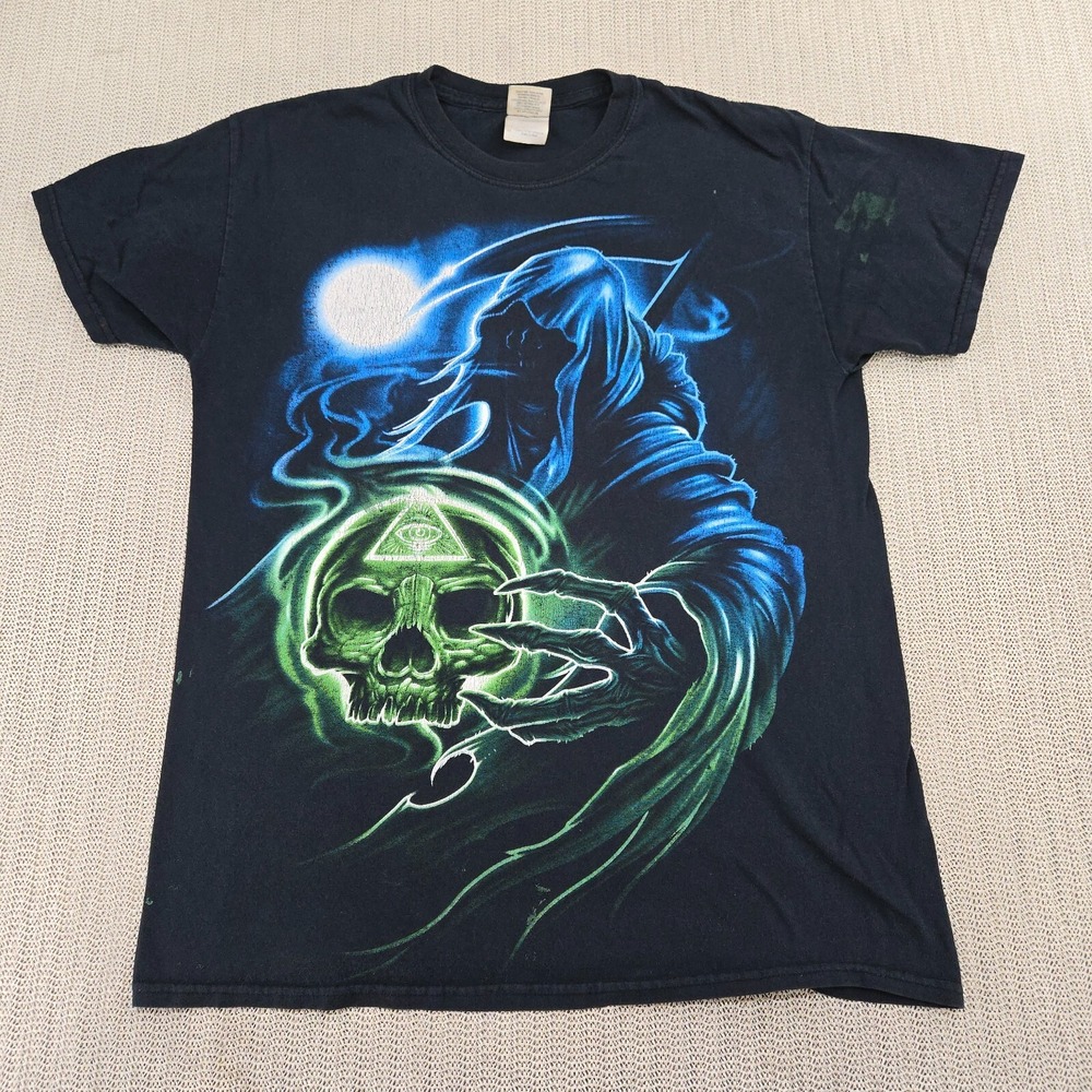 Vintage Y2K Grim Reaper Skull Shirt Men Medium Black Short Sleeve Graphic Gildan